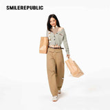Khaki 100% Cotton Double Waistband Barrel Leg Casual Pants with Logo Detail