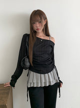 カミールオフショルダーシャーリングシースルーニット