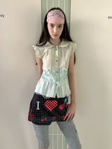 UnsocialNight 夏新作 オリジナル 少女感 チュールレース切替 小花袖デザイン スリムシルエット ブラウス