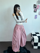 フリース❤フロントサイドバルーンコーデュロイバルーンロングパンツ 🤎💛🖤🩶🩷6カラー