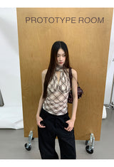 シフォンチェッカードホルターネックスリーブレスブラウストップ