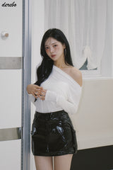 アンバランスオフショルダーシャーリングベーシック長袖Tシャツ