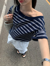 [MADE] Spool Stripe Unbalanced Off-Shoulder T-Shirt