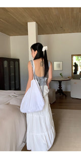 Blue Check Backless Ribbon Sleeveless Tee