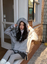 Nordic Fur Hood Knit Zip-up (2color)