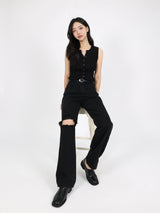 DESTROYED SLIM WIDE FIT DENIM PANTS_BLACK code 6836