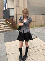 Ession Ribbon Puff V-Neck Check Shirt