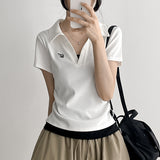 [Shirring T-shirt🤍] Open collar polo layered short-sleeve (5 colors)