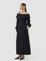 Scratch Cape Off-Shoulder Belted Shirt, Black