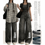 [Short, Basic/S-3XL] Cropped Banded Waist Wide Cargo Denim Pants
