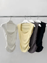 Square Neck Side Shirring V-neck Sleeveless T-shirt