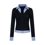 Blue Check Layered Knit Cardigan 233313052