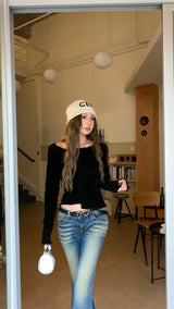 Back see-through lace long-sleeved T-shirt
