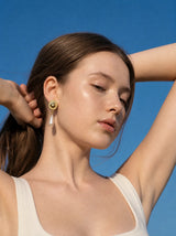 Ethnic Button and Long Pearl Earrings - Gold Color