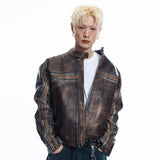 Washed Line Leather Jacket - BROWN