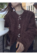 wool no collar brown button fur jacket