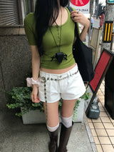 オリーブ ダイアリー ボタン Uネック スリムフィット Tシャツ