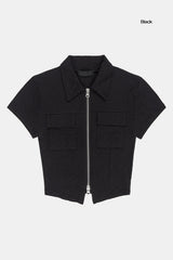 スラブ2WAYジップアップクロップカラーTシャツ
