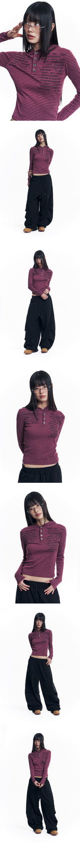 Henley Neck Stripe Hood Long Sleeve - Wine
