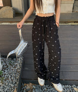 Lace ribbon banding wide pants
