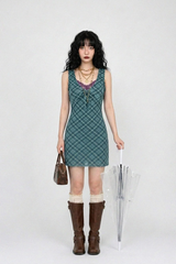 EVERGREENTY CHECK RIBBON MINI DRESS