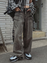 ファイングエンボウォッシングワイドデニムパンツ