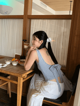 Blue Check Backless Ribbon Sleeveless Tee