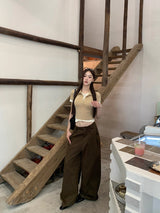 Hazelnut pintuck wide cotton casual pants