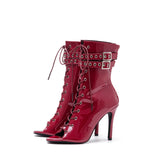 Buckle Patent Lace-Up Open Toe Heel(Red)