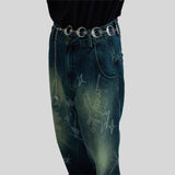 Cotton fountain pattern burnout contrast color washed straight jeans trousers