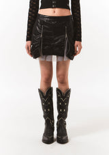 zipper leather shirring sk - black