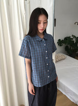 26SS★ [BAONHAUS] Krunen Linen Check Short Sleeve Shirt Blouse