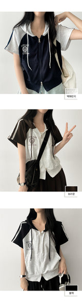 Coming Two-Way Line Coloring Short Sleeve Hooded Zip-Up