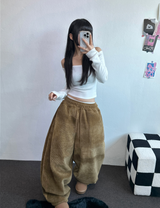 ミンクフリース🐑ビッグコーデュロイパッチバルーンパンツ❤🤍🖤🤎4カラー