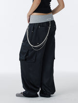 SATIN WIDE CARGO PANTS	(BLACK)
