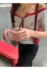 レッドラインストライプオフショルダートップ