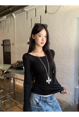 Backless lace point black long-sleeved shirt