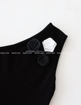 Rose Cosage 3ps Detachable Unbalanced Shoulder Sleeveless