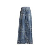 Rough Flower Embroidery Mid Wash Denim Pants