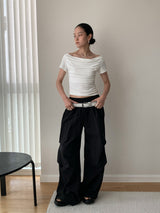 Hand shirring off-shoulder spandex short-sleeved T-shirt