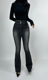 (BODY-SHAPING GUARANTEED🤍🖤) TWO-BUTTON ELASTIC WAIST BLACK WASH BOOTCUT 🤍🖤 SEMI-WIDE DENIM PANTS