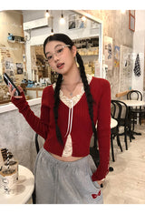 Lace shirring two-piece long-sleeved blouse T-shirt