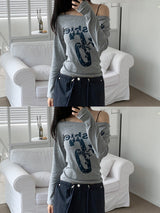 Rush Star Off-Shoulder Print Long-Sleeve Tee (4 Colors)