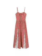 Red cherry checkered lace sleeveless long dress