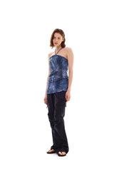 POCKET PRINTING HALTERNECK DRESS / BLUE