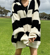 (HIGH-QUALITY!/UNISEX) ビッグフードルーズフィットストライプニットジップアップ - 2 COLOR