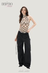 Shphone check holder neck mint-sleeved blouse Top 