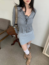 Light Hour Striped Sleeveless Dress & Silver Button Cardigan 2-piece Set (Gray)