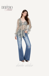 Leopard see-through frill blouse