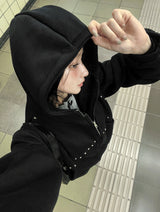 [Brushed Lining] Metallic Studded Over Hood Zip-Up